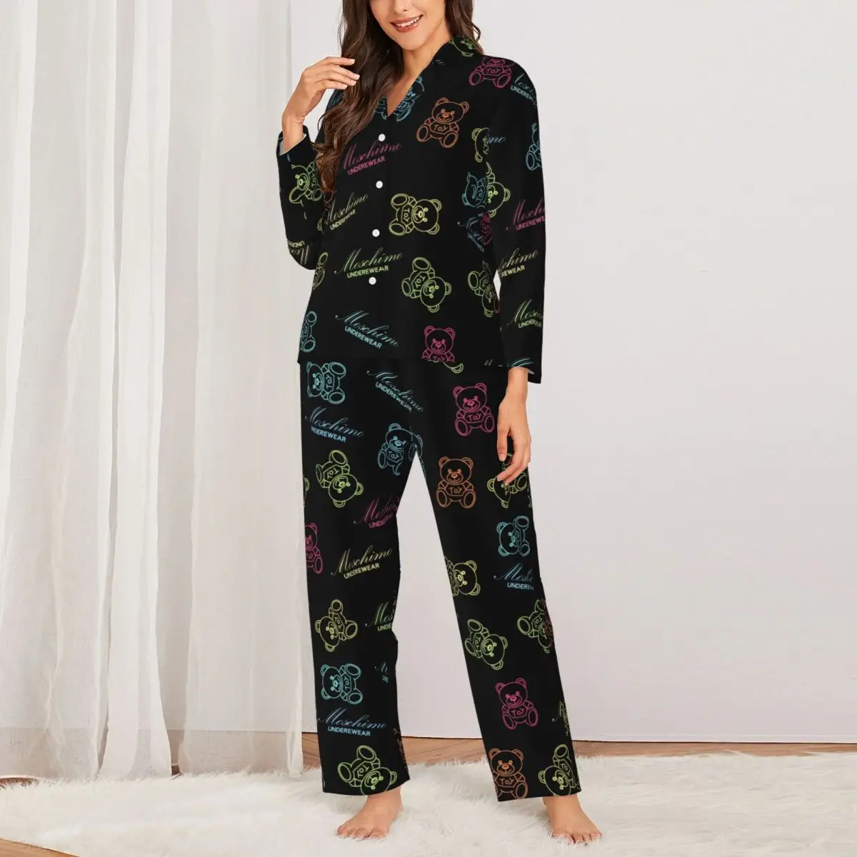 Neon Bear Print Sleepwear Autumn Cute Animal Vintage Oversized Pajama Set Female Long Sleeve Fashion Bedroom Custom Nightwear