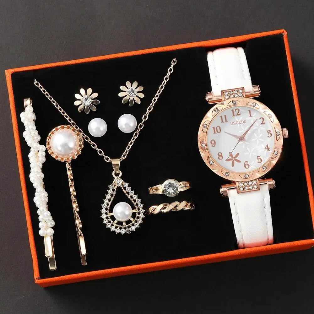 10pcs Women's Watch Set Fashion Casual Round WOMEN'S Quartz Watch Fashion Hairpin Earrings Necklace Ring Watch Set