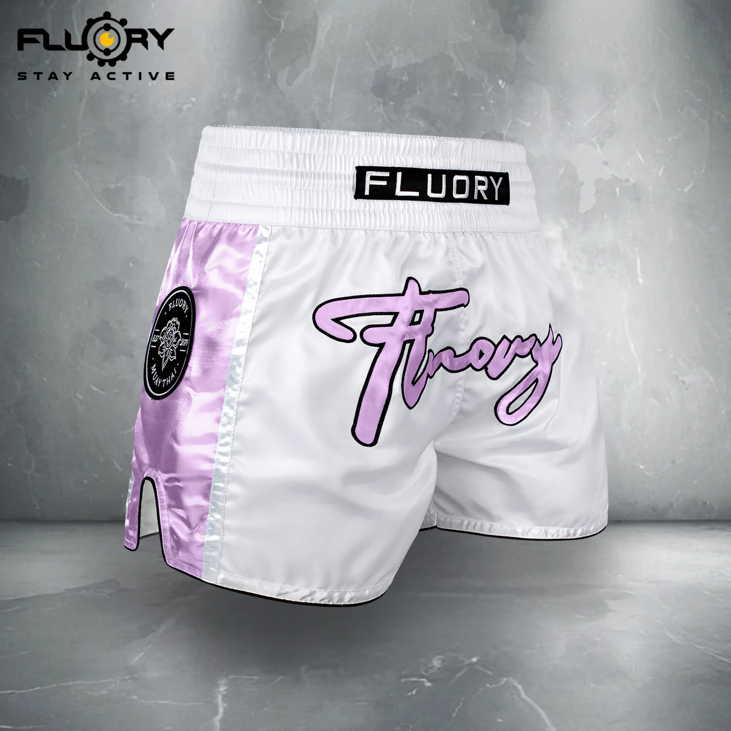 FLOORY Minimalist Contrast Leather Embroidered Muay Thai Shorts Comfortable Boxing Shorts Gym Training Shorts Muay Thai Shorts