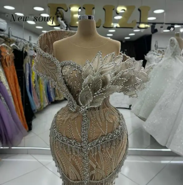 Arabic Dark Chamapgne Long Formal Mermaid Evening Dresses 3D Leaf Design Off Shoulder Crystal Tassels Women Wedding Party Gowns image 4