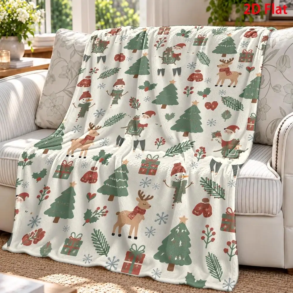 Christmas Holiday Throw Blanket Soft Flannel Santa Xmas Tree Snowman Print Warm Blanket for Bedroom Sofa Travel Christmas Decora