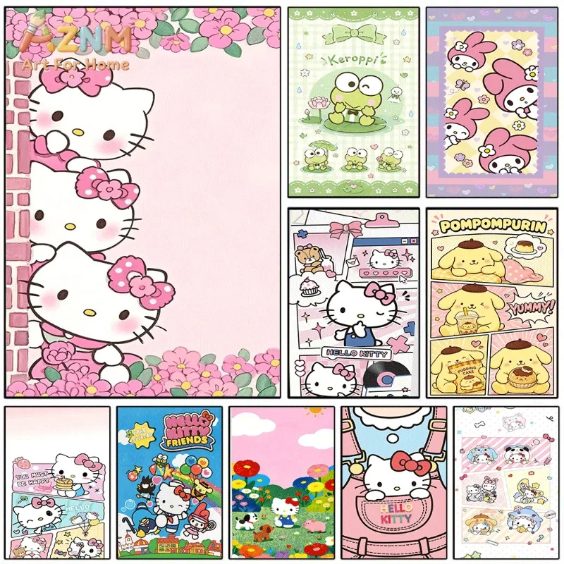 `Hello Kitty Sanrio Kawaii Canvas Wall Art Unframed Poster For Girls Room Flower Brick Sweet Aesthetic Bedroom Dorm Wall Decor`