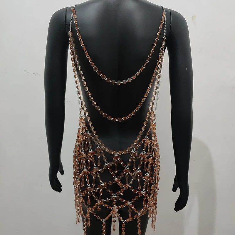 New handmade crystal gemstone long skirt chain, fashionable and sexy, hollowed out backless diamond patchwork body chain