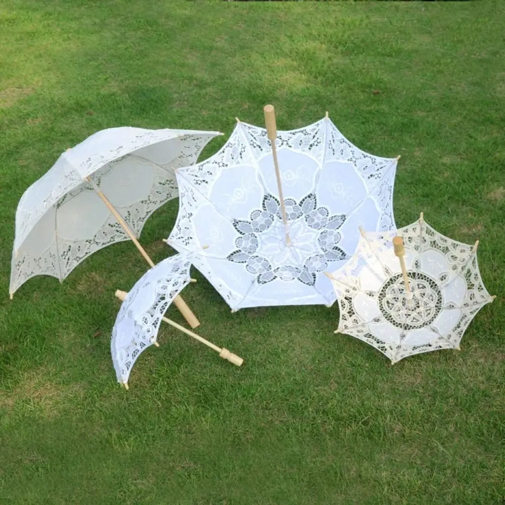 Embroidery Floral Wedding Lace Umbrella Hollowed Wooden Handle Prop Umbrella Cotton Black Parasol Umbrella Women view 5