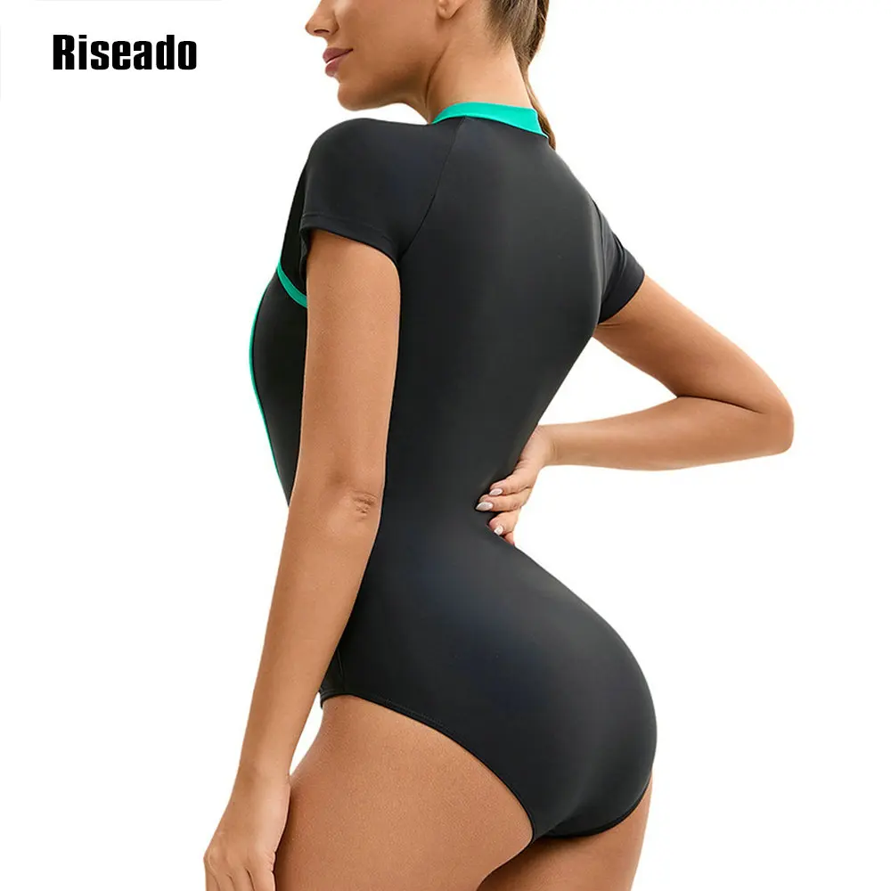 Roseado One Piece Woman Swimsuit Mock Neck Zipper Short Sleeve Bath Clothing Female for Beach