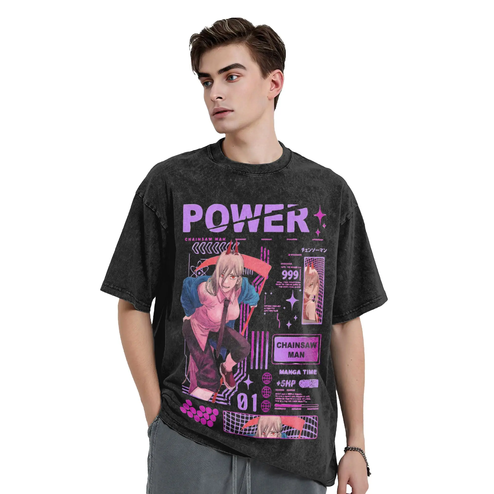 Power Chainsaws Man Anime Vintage Washed T Shirt Unisex Cotton Clothes Hip Hop  Round Neck Short Sleeve