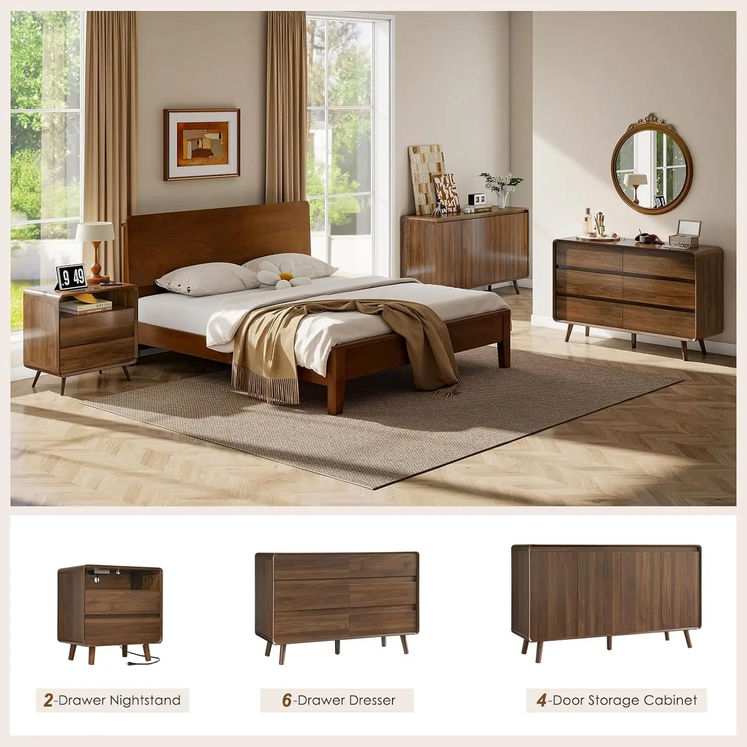 6 Drawer Mid Century Modern Wood Dresser Storage for Bedroom Hallway Entryway Walnut, Customized image 5
