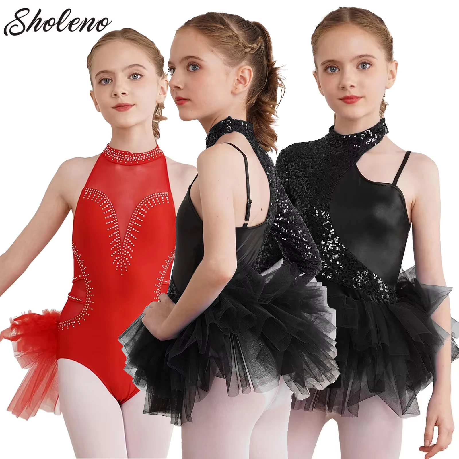 

Kids Girls Ballet Dance Tulle Skirts Dress Sequins Gymnastics Leotard Tutu Asymmetrical Sleeves Jazz Figure Skating Dresses