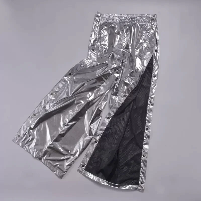 

Silver Metallic Jogger Pants Jazz Hip Hop Dance Trousers 8Xl size Alongside Button Stage Show Costumes(not accept return)