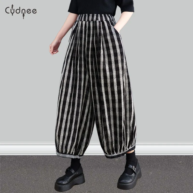 Women Baggy Harem Circus Slacks Stripe Wide Leg Cropped Pants Elastic Waist Loose Casual Plus Size Linen Trousers Bottoms