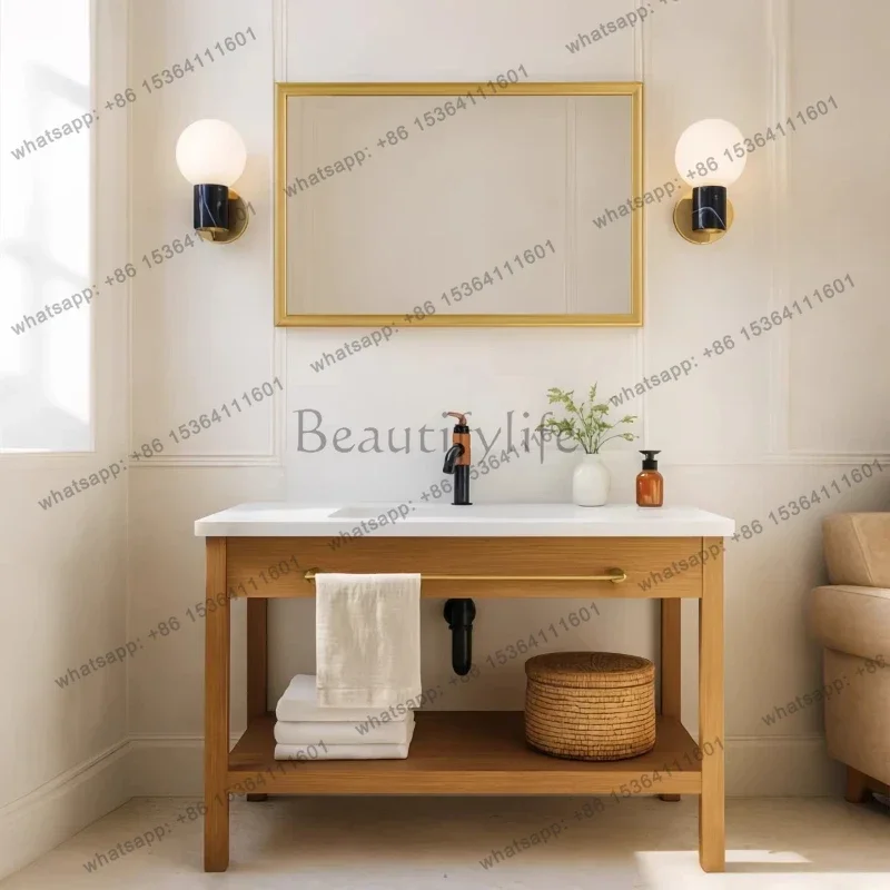 

Simple style Japanese bathroom cabinet combination rock slab seamless basin floor cabinet washstand antique style