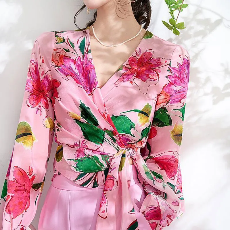 Vintage Spring Summer Floral Shirt Women's Clothing Stylish Slim Bandage Elegant V-Neck Folds Folk Printed Long Sleeve Blouse