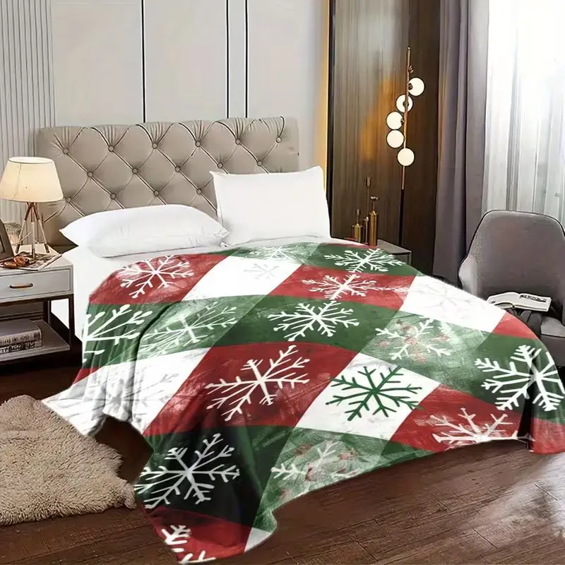 VIKAMA Christmas Snowflake Plaid Flannel Throw Blanket Red Green Diamond Lattice Print Soft Warm Holiday Sofa Bed Decor Blanket