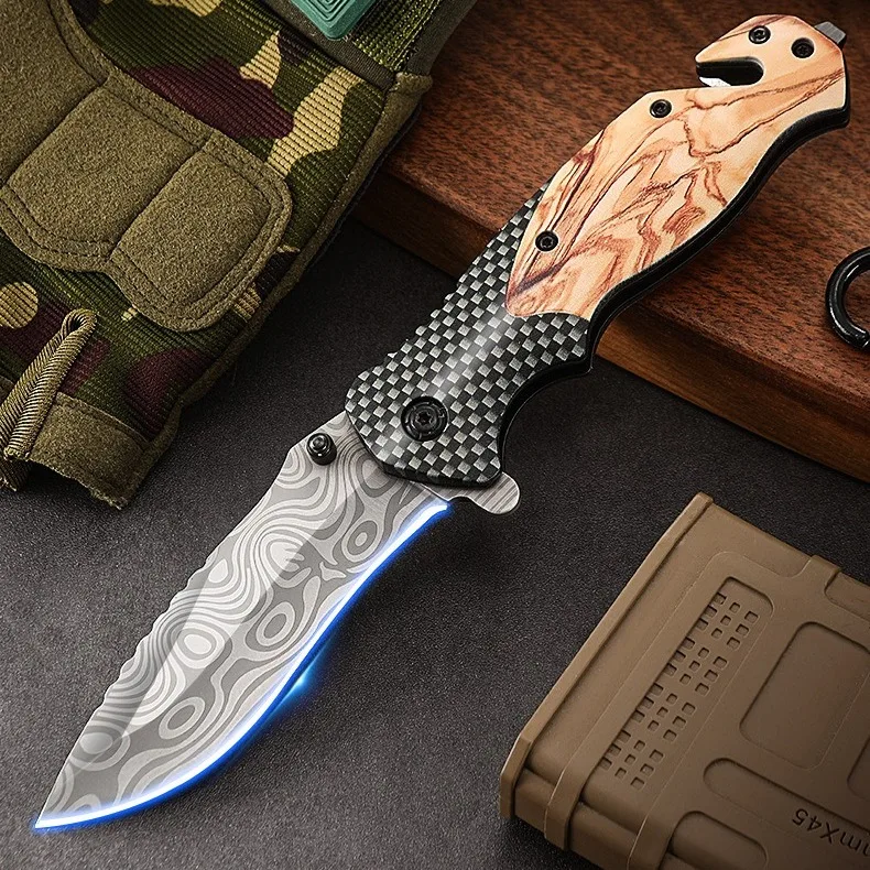 Stainless steel folding outdoor knife camping survival high hardness Pocket knife portable multi-purpose damascus pattern knife