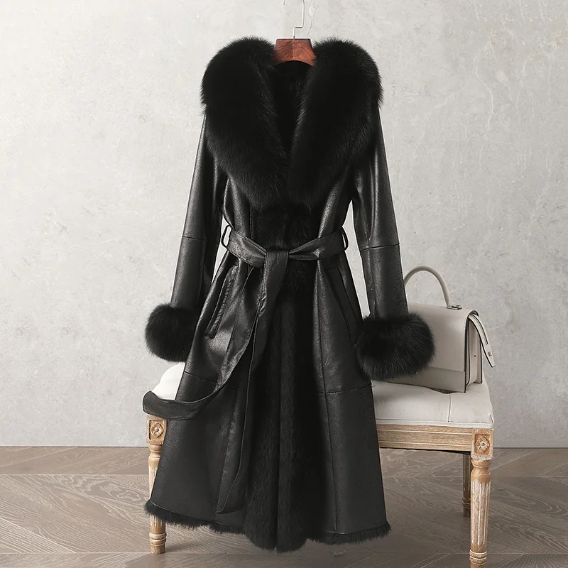 Fox fur integrated coat for women's mid length Haining 2023 winter new slim fitting genuine leather rabbit fur coat thickening