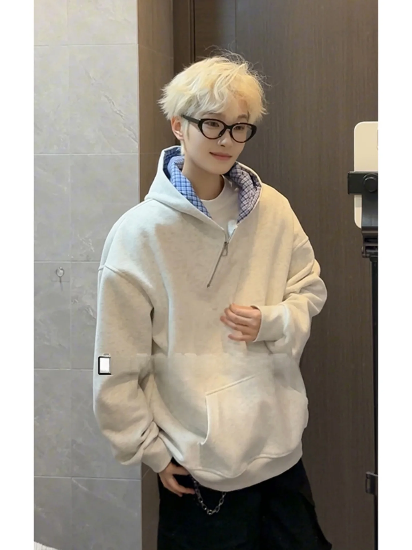 

Мужская толстовка Ay Miu с молнией, в клетку, с лоскутными вставками, весенняя повседневная одежда, парная модель, свободный крой, длинный рукав, смесь полиэстера и хлопка