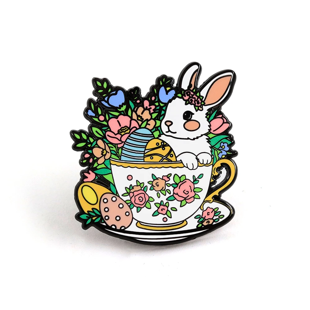 Osterhase in Blumen-Teebecher-Brosche Niedliche Pastell-Ei-Blumen-Emaille-Anstecknadel Frühlingsfest-Reversnadel Kleidungs- und Taschendekoration – Detail 1