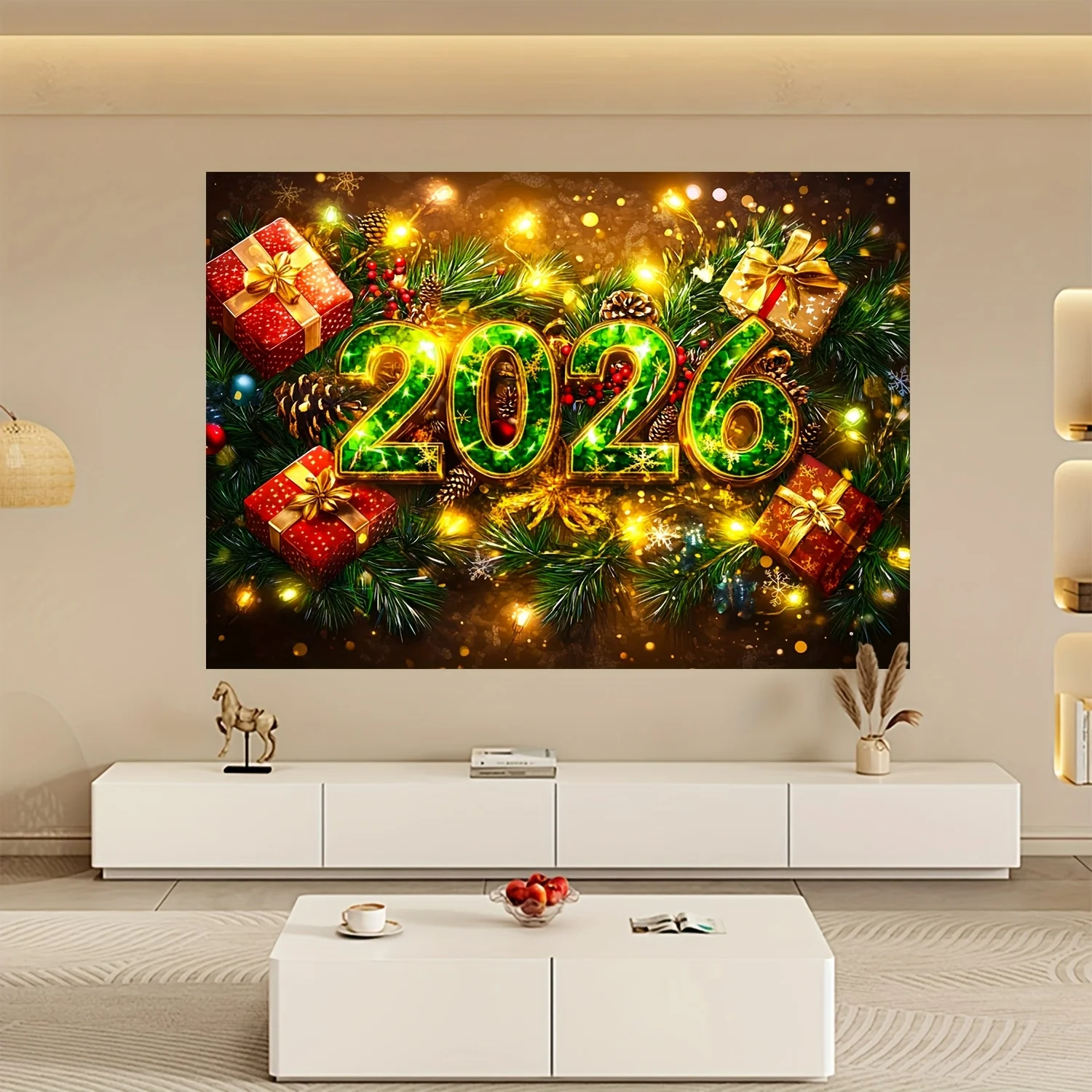 VIKAMA 2026 New Year Christmas Tapestry Pine Branches Berry Living Room Background Wall Festival Room Decoration