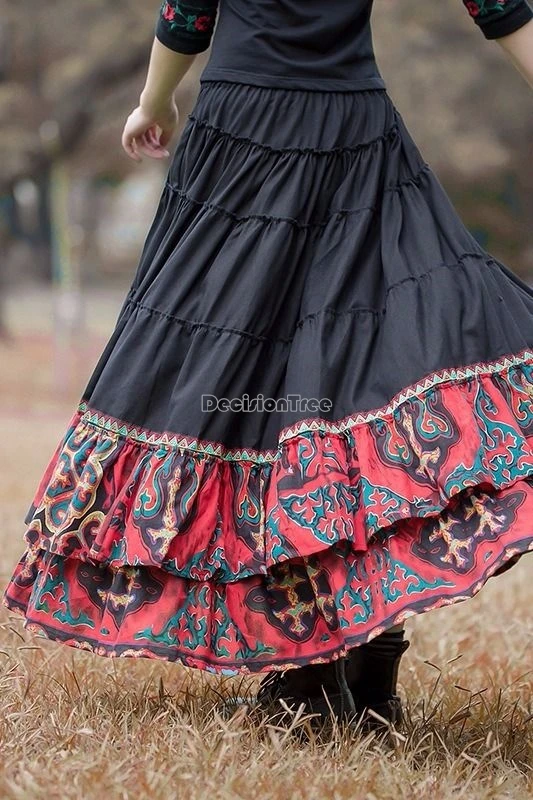 2025 new spring autumn casual women's chinese national retro style skirt cotton and linen patchwork design long loose half skirt
