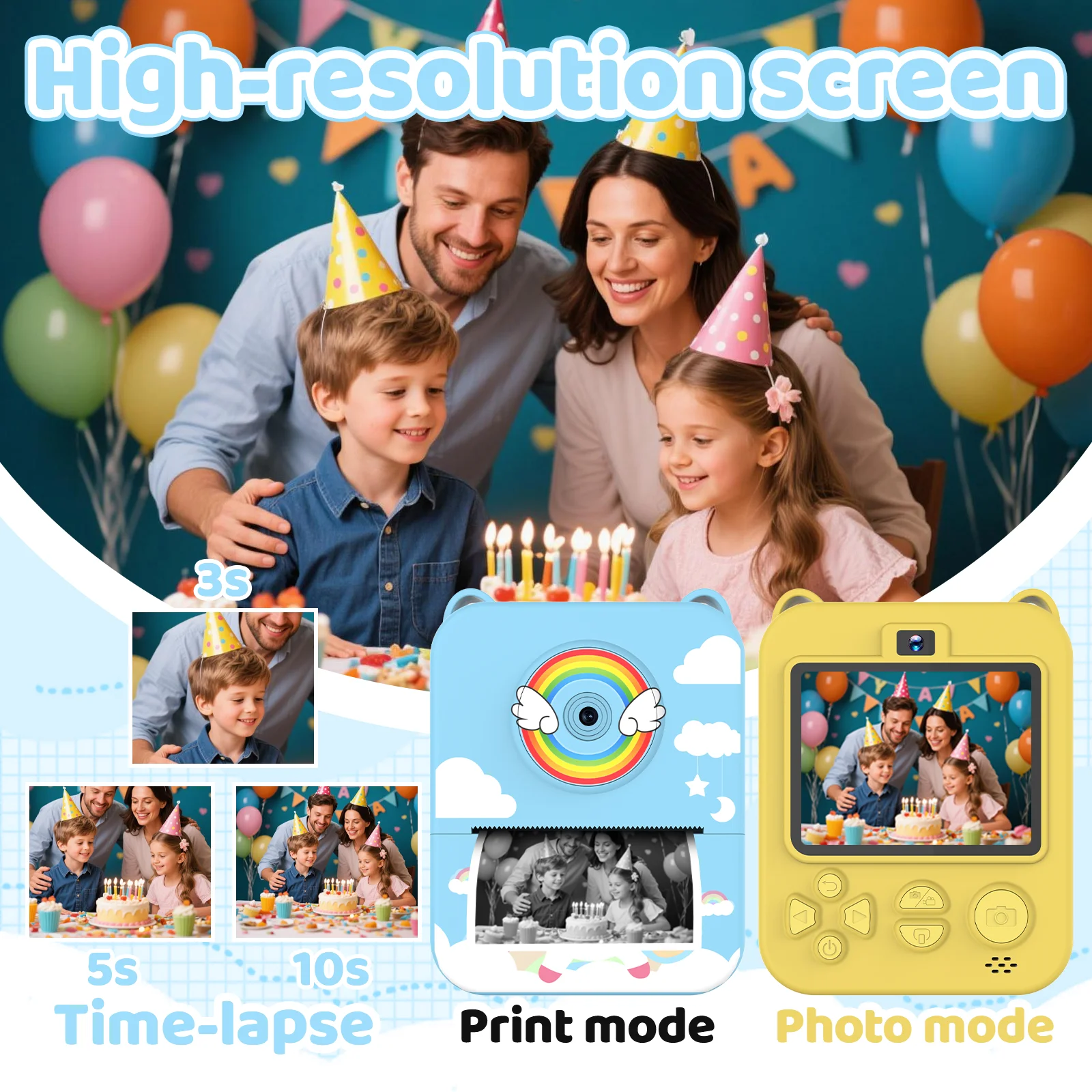 Kids' 1080P HD instant camera with flash, 2.4-inch IPS panel, cartoon rainbow pony design, includes 3 rolls of printing paper.