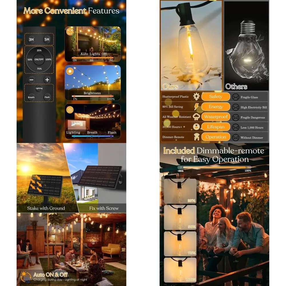 

Rechargeable Solar String Lights with Remote, 3.5W Panel, Timer & Dimmable ST38 Bulbs for Outdoor Spaces