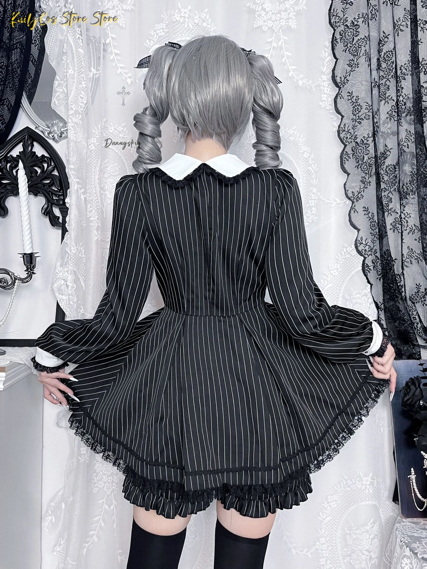 New Japanese Subculture Striped Maid Outfit Jirai Kei Lolita Long-Sleeve Dress SetRuffled Lace+Apron+Belt | Anime Maid Style view 6