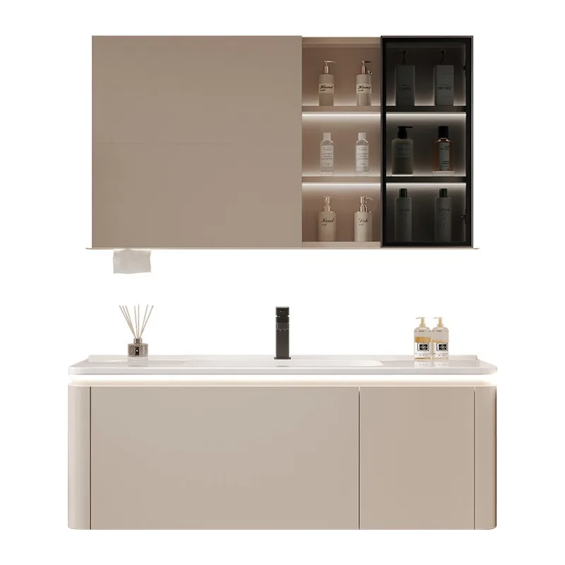 

Internet famous ceramic integrated basin, cream and air bathroom cabinet combination, Internet famous rounded corner washbasin