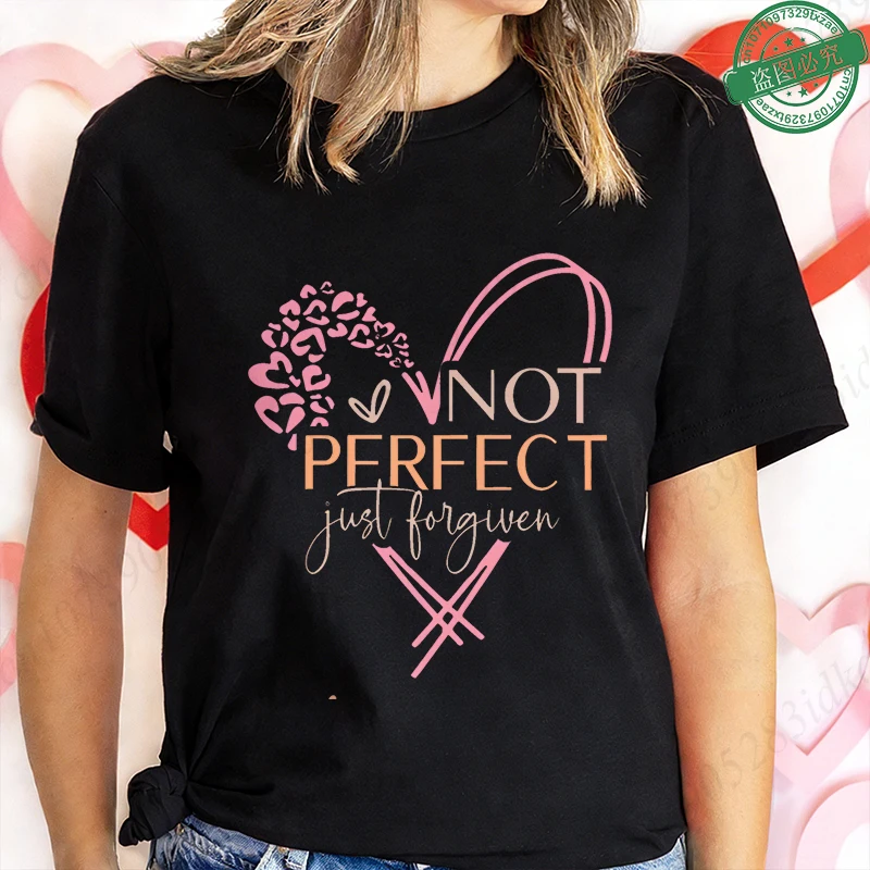 Not Perfect Just Forgiven T-Shirt for Women Heart Cross Graphic Tee Casual Short Sleeve O Neck Tops Inspirational Christian Gift