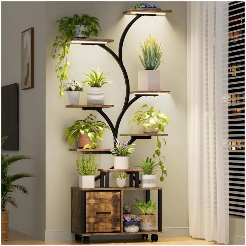 

Plant Stand Indoor with Grow Light,9 Tiered Indoor Plant Shelf with Wheels,Plants Multiple with Drawer,Plants Flower Holder