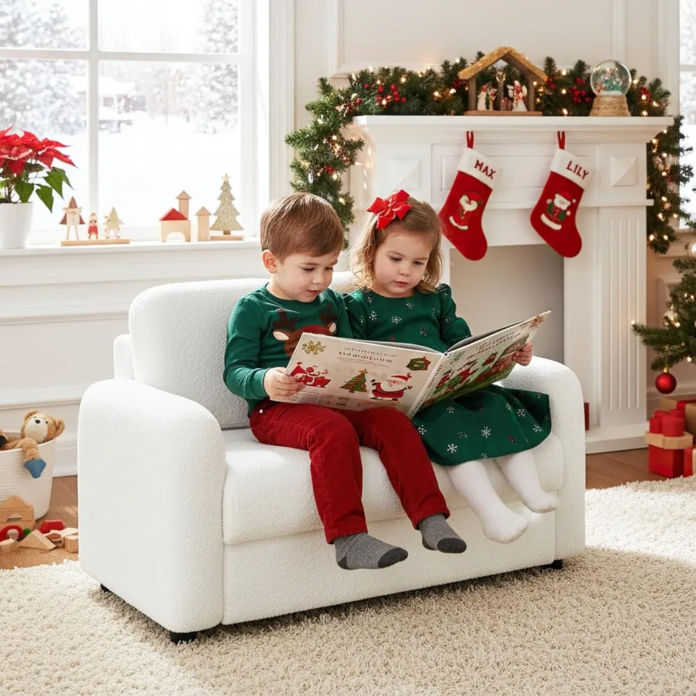 

US Shipping Kids Sofa 2 Seat Soft Thick Upholstered Couch Plush Fabric Solid Wood Frame Armrest Chair Lounge for Playroom