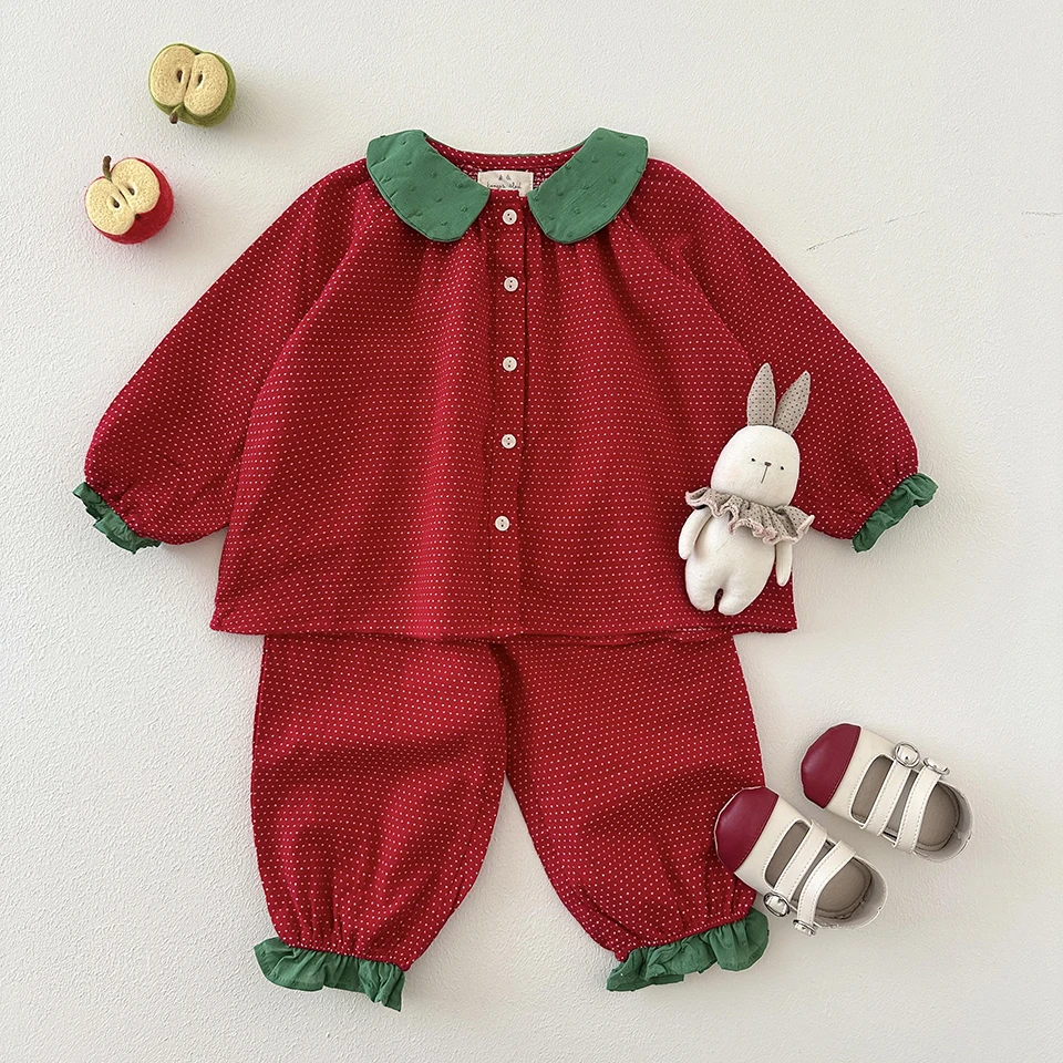 KS Baby Christmas Clothes Suit Strawberry Series Children Cotton Small Dot Top Ruffle Pants Toddler Girl Birthday Party Set
