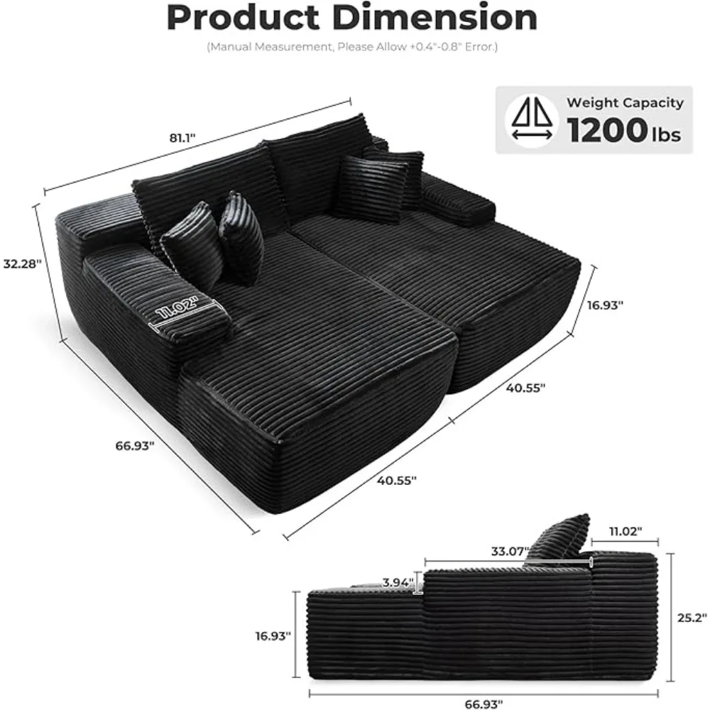 Oversized Sectional Double Lounge Chaise with Cloud Plush Sofa Bed, No Assembly Required, Fluffy Modern Sleeper Loveseat Chair