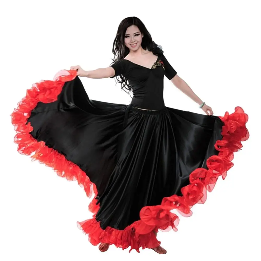 Moda liscia spagnola gonna di flamenco poliestere festa costumi di danza del ventre sala da ballo grande altalena paso doppio vestito da ballo donna