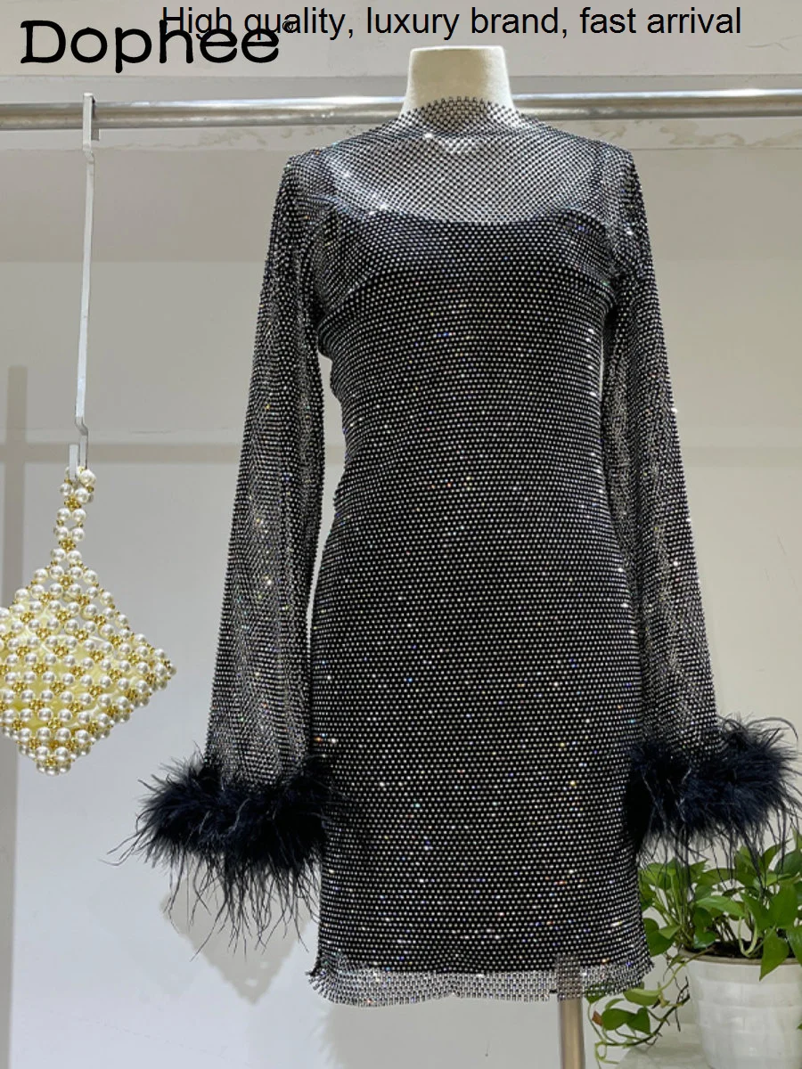 

See-through Luxury Sexy Hollow Mesh Ostrich Feather Long Sleeve Slim Women Rhinestone Bling Nightclub Party Formal Dress