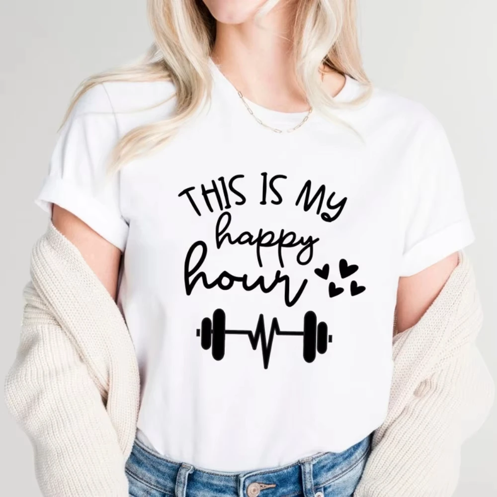 Trendy This Is My Happy Hour Gym T-Shirt Dumbbell Heartbeat Graphic Printed Tshirt Gym Lover Casual Wear Women Summer Casual