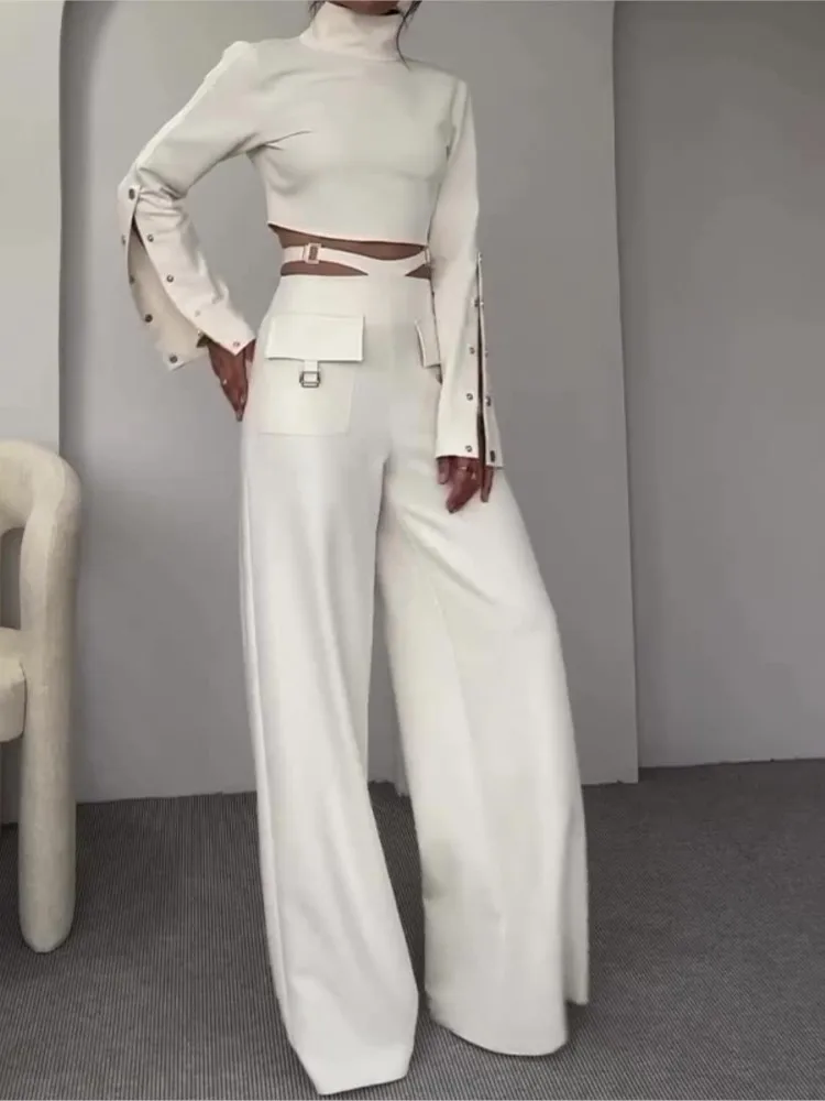 

Women Pant Set Two Piece Sets Turtleneck Full Sleeve Cropped Top Sexy Wide Leg Long Pants Loose Casual Elegant Matching Sets