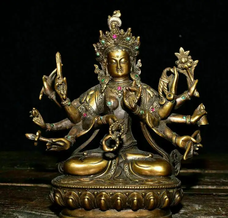 

8.8" Old Tibet Copper Gilt 10 Arms Kwan-Yin Guan Yin Boddhisattva Goddess Statue