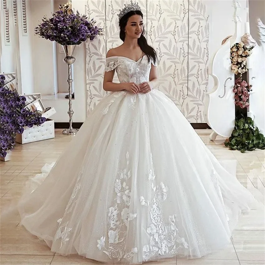 

Flavinke Customized Elegant Ball Gown Bride Wedding Dresses robe de mariee Lace Up Appliqued Princess Wedding Vestido De Noiva