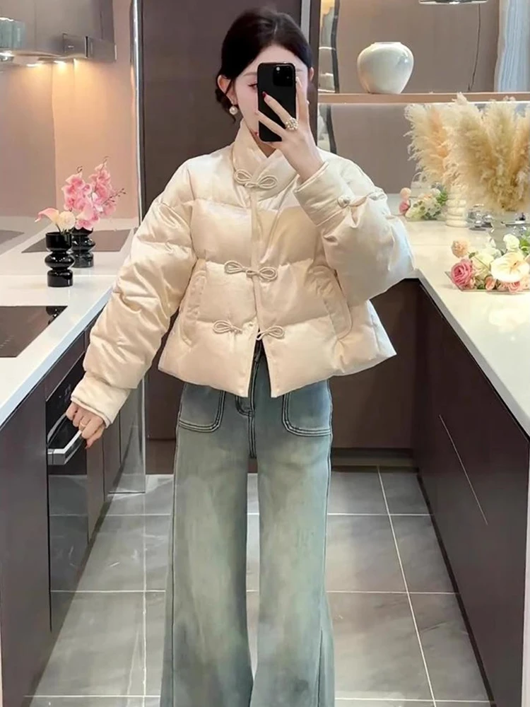 

New Chinese Sle Thiened Cotton Jaet Women's Winter Faion Design Button Warm Outerwear Trendy ort Coat Korean Version