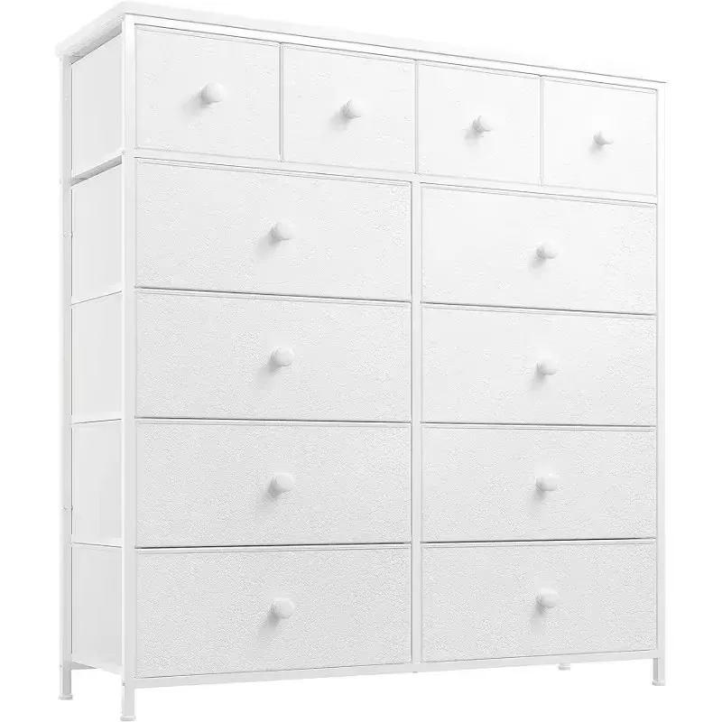 White Dresser for Bedroom with 12 Drawers, Tall Dressers for Bedroom with Wooden Top and Metal Frame, White Dressers Kitchen