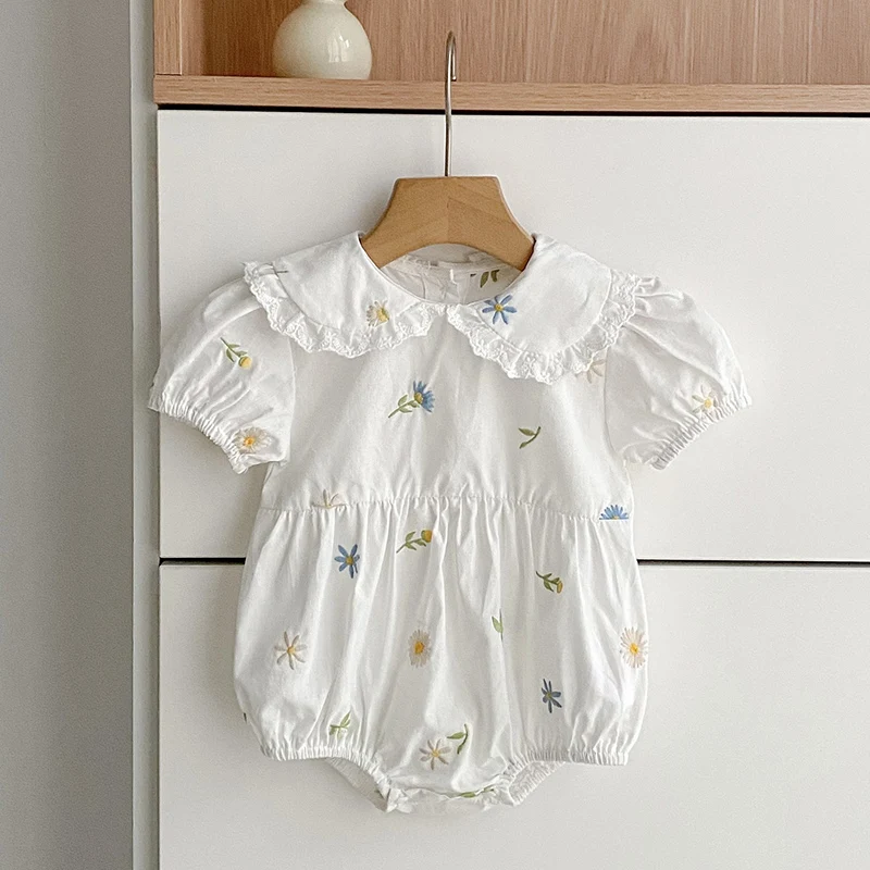 2026 New Summer Toddler Baby Girls Jumpsuit Short Sleeved Cotton Embroidery Infant Baby Girls Bodysuits 0-24M Baby Girl Clothing
