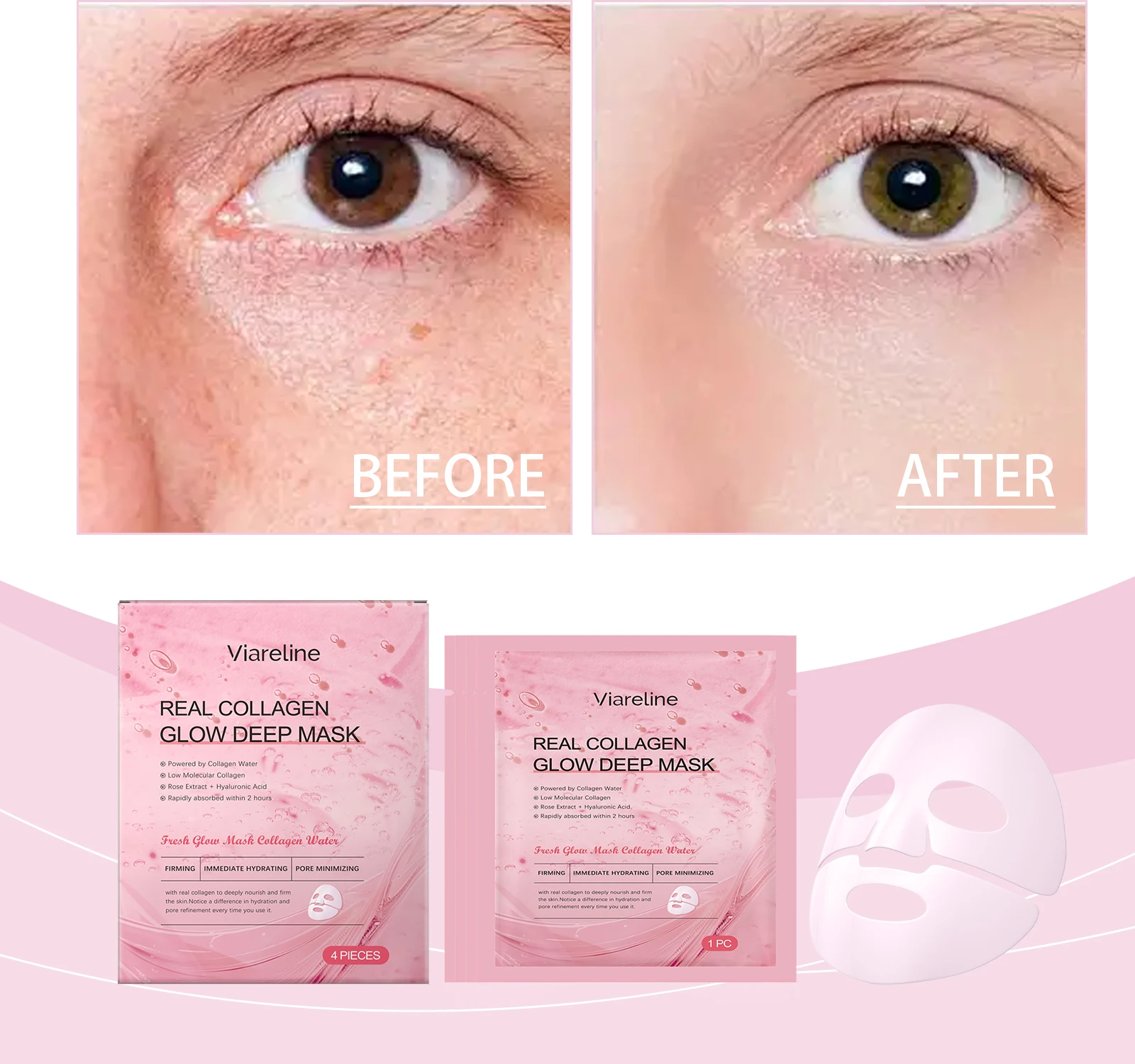 Real Collagen Glow Deep Mask - Conjunto de máscara facial hidratante de 4 peças com água de colágeno e ácido hialurônico |   Plomando instantâneo e poro M