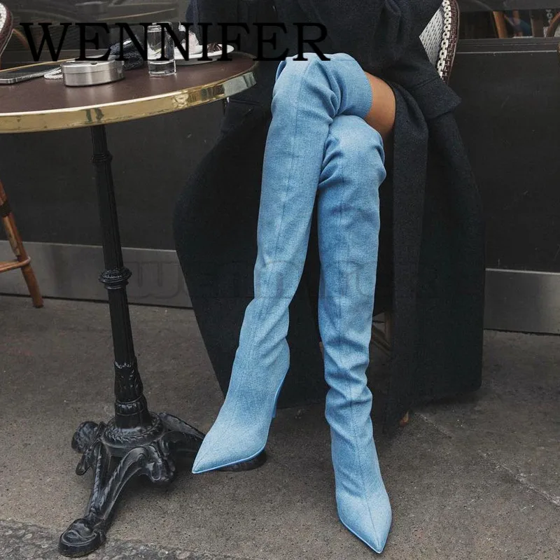 

Blue Denim Over the Knee Boots Pointed Toe High Stiletto Heel Boot Ladies Night Club Party Runway Thigh High Heel Botas De Mujer