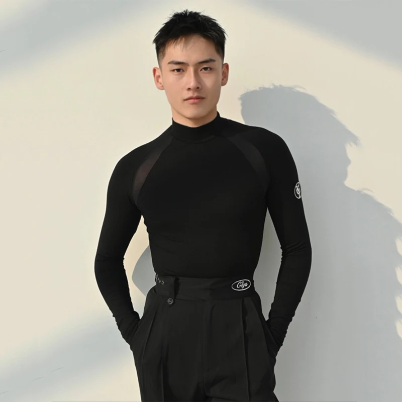 

Черные топы для латинских танцев для мужчин, топы с длинными рукавами и сетчатыми вставками, одежда для выступлений и соревнований по ча-ча-ча, SS2116