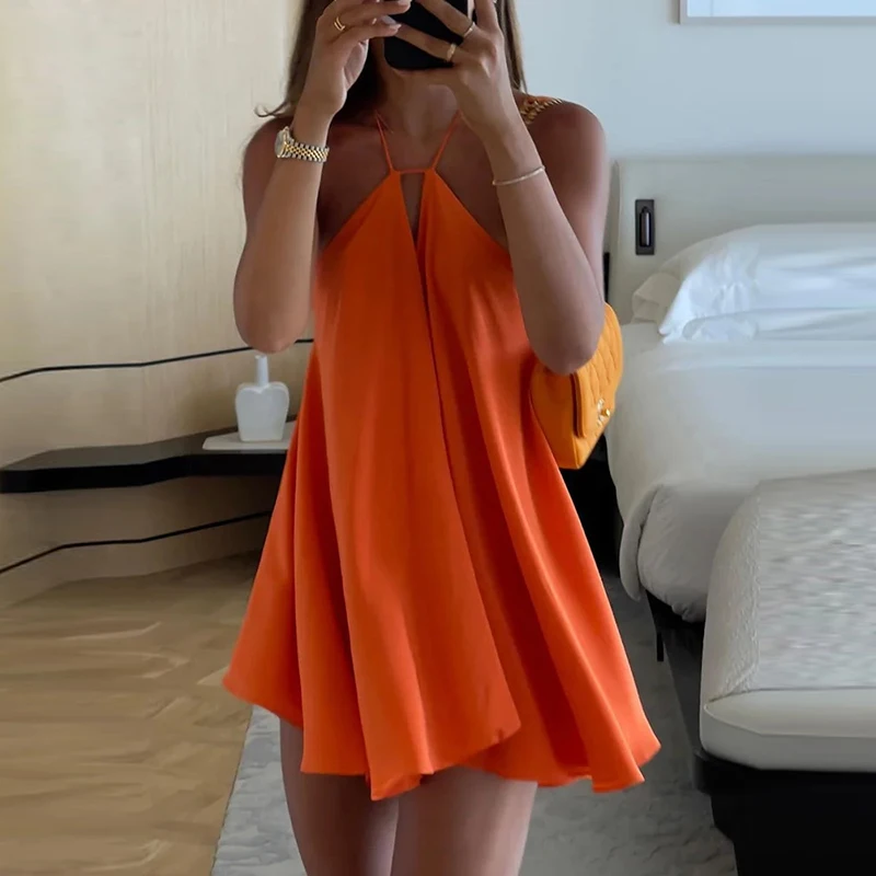 Abito corto da donna sexy con bretelle senza maniche, abito corto da festa, elegante mini abito plissettato in tinta unita, abito estivo casual a trapezio allentato