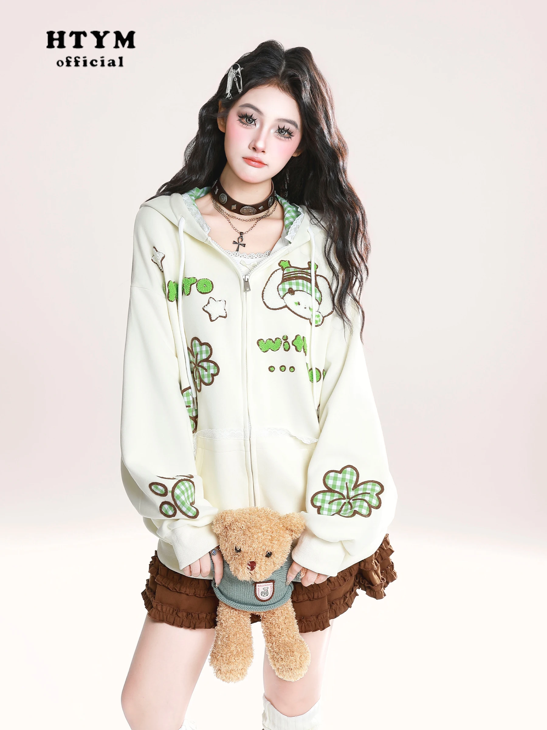 Highstreet Sweet Cool Girl Versatile Casual Hoodies Flocked Lace Plaid Hooded Long Sleeve Zipper Loose Sweatshirts Women Autumn