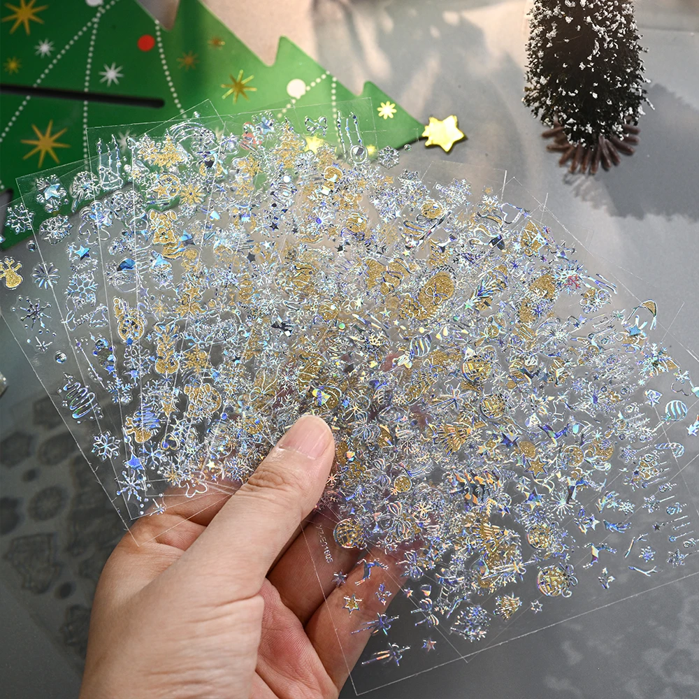 12 Teile/satz Weihnachten Laser Silber Schneeflocken Nagel Aufkleber 3D Bronzing Rentier Elch Glocken Baum Nagel Aufkleber HOLO Weihnachten Slider decor