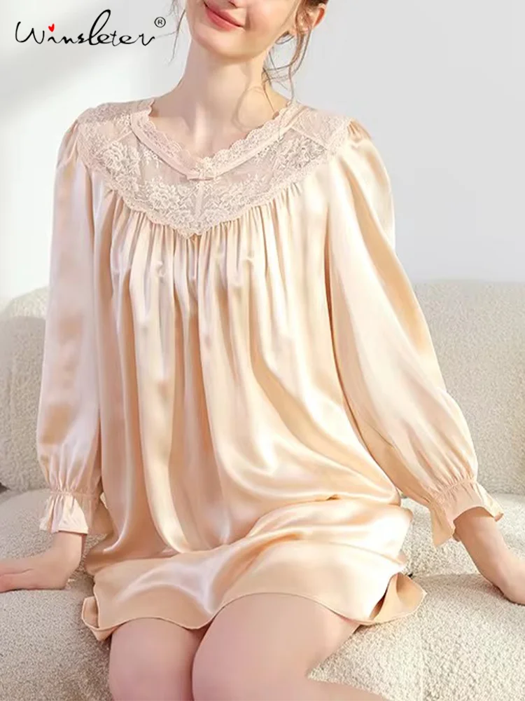 

Winsleter,6A 19MM 100%Real Silk Nightdress,Elegant Casual Sweet Pajama,Women's Lace Spliced Nightgown,Summer Autumn P47190QM