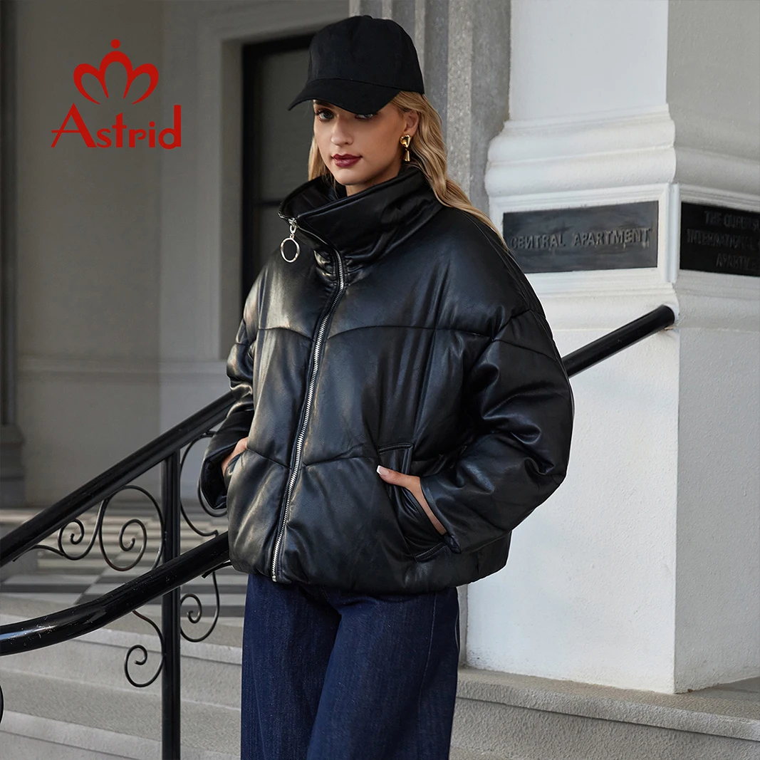 Astrid 2024 Winter Faux Leather Short Jacket Women Warm Padded Coat Female PU Leather Parkas Quilted Fashion Outerwear girls 67