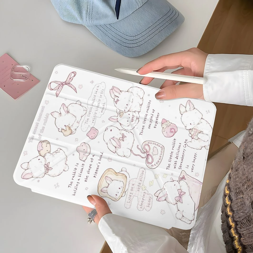Cute Rabbit Bow Tablet Case For iPad Pro 11 12.9 13 A16 M2 M4 M3 M5 Shell 8.3 9.7 10.2 5/6/7/8/9/10/11th Mini Air 3 4 5 6 Cover